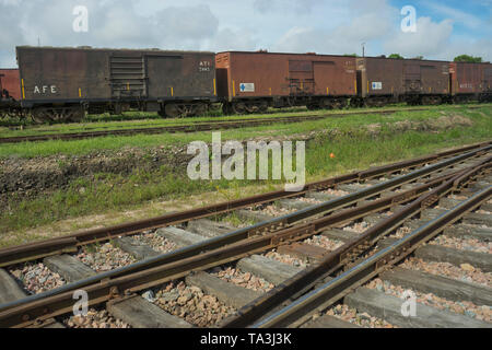 In disuso carrozze ferroviarie, motori e stock nell'ex Artigas della stazione ferroviaria centrale di Montevideo, Uruguay,America del Sud Foto Stock