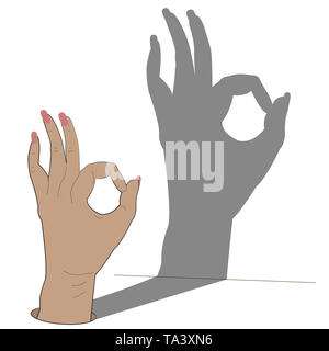 Segno Ok, femmina lato getta un ombra sul muro. Illustrazione Foto Stock