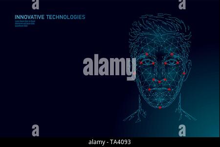 Bassa poli maschio faccia umana identificazione biometrica. Sistema di riconoscimento del concetto. Dati personali accesso sicuro la scansione di innovazione tecnologica. 3D Illustrazione Vettoriale