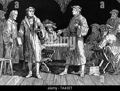 I riformatori Martin Lutero e Ulrich Zwingli durante il colloquio di Marburg, che non è riuscita a causa delle diverse concezioni dell' importanza della Cena del Signore. Foto Stock