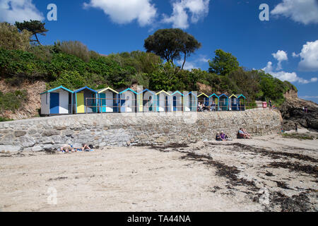 Una serie di pittoresca spiaggia di capanne o cabine da spiaggia sulla parete del porto di Swanpool Beach e insenatura di sabbia vicino a Falmouth in South West Cornwall, Regno Unito Foto Stock