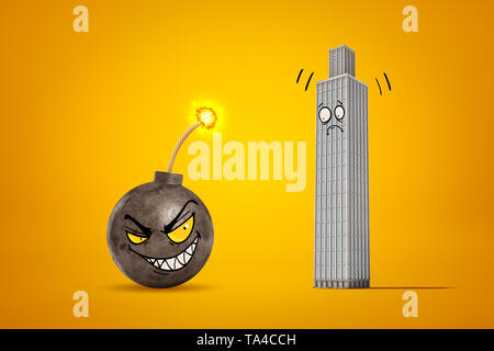 3D rendering di EVIL SMILEY cartoon bomba a sfera con fusibile e spaventato smiley cartoon grattacielo su sfondo giallo Foto Stock
