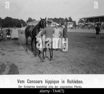 Il principe ereditario Wilhelm (terzo da destra) guarda uno dei Cavallini vincenti in pista dopo il Concours hippique. Foto Stock