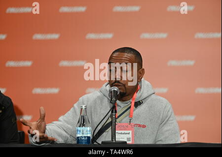 Toronto , Canada - 21 maggio 2019; David Rogier, co-fondatore e CEO, masterclass, sinistra e Timbaland, produttore e artista, Mosley Music Group, sul Q&A ST Foto Stock