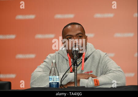 Toronto , Canada - 21 maggio 2019; David Rogier, co-fondatore e CEO, masterclass, sinistra e Timbaland, produttore e artista, Mosley Music Group, sul Q&A ST Foto Stock