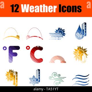 Meteo Icon Set. Schermo piatto a colori e design della scaletta. Illustrazione Vettoriale. Illustrazione Vettoriale