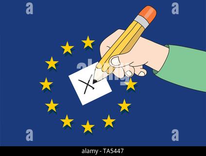 Sulle elezioni per il Parlamento europeo del concetto. Mano con una matita facendo una croce a scrutinio di voto con le stelle dell'UE e bandiera in background. Illustrazione Vettoriale