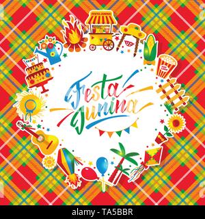 Festa Junina village festival in America Latina. Set di icone in bri Illustrazione Vettoriale