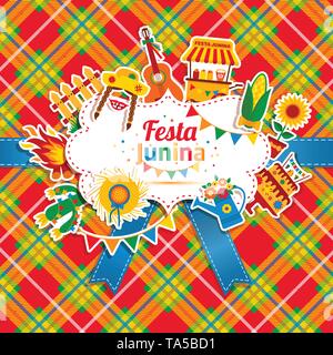 Festa Junina village festival in America Latina. Set di icone in bri Illustrazione Vettoriale