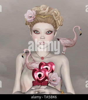 Illustrazione surreale di una giovane ragazza con gli occhi grandi e un fenicottero rosa sulla sua spalla Foto Stock
