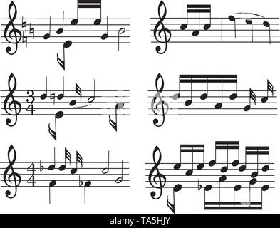 Set di vettore di nero e di bianco sfondi musica con doghe e note musicali. illustrazione astratta della musica classica nota dei simboli Illustrazione Vettoriale