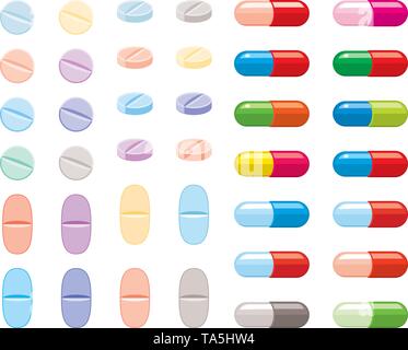 Vector colorata collezione di pillole, capsule isolati su sfondo bianco. vari medici pillola e icone di capsule Illustrazione Vettoriale