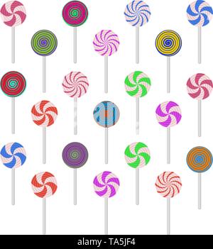 Vettore Collezione di coloratissimi lecca-lecca caramelle in forma di sfere, isolati su sfondo bianco. set di spirale piatta di lecca-lecca Illustrazione Vettoriale