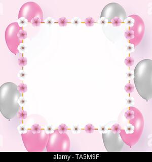 Celebrazione design su sfondo chiaro. Concetto di festa con battenti rosa e palloncini argentati. Bianco trasparente spazio vuoto per il testo in oro flora Illustrazione Vettoriale