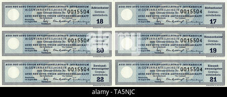 Historic Stock certificato, certificato di titoli al portatore, warrant, Historische Aktie, Gewinnanteilscheine zum Genuss-Schein der Audi NSU Auto Union Aktiengesellschaft, 1969, Neckarsulm, Deutschland, Europa Foto Stock