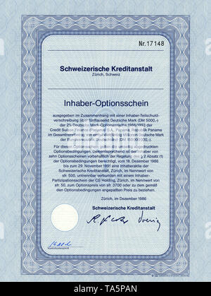Historic Stock certificato, certificato di titoli al portatore, warrant, Wertpapier, Inhaber-Optionsschein, Deutsche Mark, Schweizerische Kreditanstalt, Zurigo, 1986, Schweiz, Europa Foto Stock