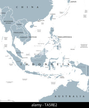 Sud-est asiatico, mappa politico con le frontiere. La sottoregione dell'Asia con i paesi del sud della Cina, Est dell India, a ovest della Nuova Guinea, a nord dell'Australia. Foto Stock