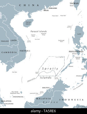 Sul mare della cina del sud le isole, mappa politico. Paracel e Spratly isole e atolli di atolli e barriere coralline. Parzialmente rivendicato dalla Cina e da altri paesi confinanti. Foto Stock