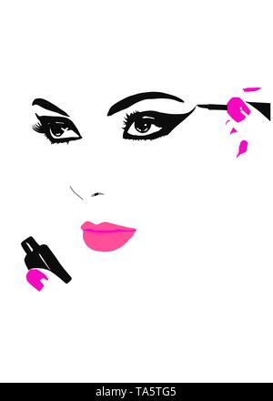 Mettere su eyeliner. Mettendo sul make up. make-up artist mettendo sul trucco per occhi. faccia astratta, logo per make up artist Foto Stock