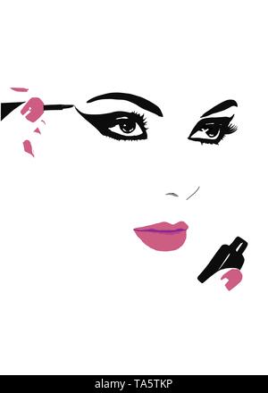 Mettere su eyeliner. Mettendo sul make up. make-up artist mettendo sul trucco per occhi. faccia astratta, logo per make up artist Foto Stock