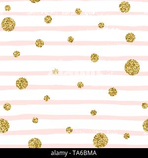Oro glitter Dot rosa su sfondo a strisce. Disegnare a mano strisce e pois vector seamless pattern.astratta tessitura senza fine Illustrazione Vettoriale