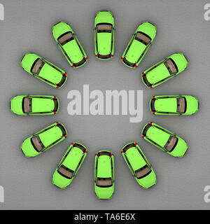 Green cars stand in un cerchio vista dall'alto. Il rendering 3D Foto Stock