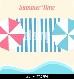 Due asciugamani e umbrelas sulla spiaggia. Illustrazione Vettoriale Illustrazione Vettoriale