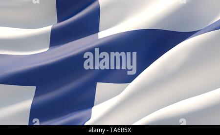 Sventolato altamente dettagliate di close-up bandiera della Finlandia. 3D'illustrazione. Foto Stock