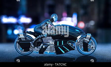 Biker ragazza con casco a cavallo di un sci-fi bike, donna su nero motocicletta avveniristica nella città di notte street, vista laterale, rendering 3D Foto Stock