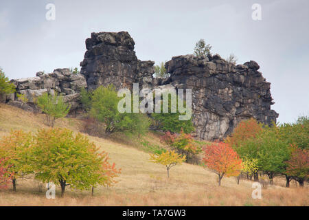 Formazione di roccia Teufelsmauer (diavoli parete), fatta di arenarie erose. Foreland Harz, Sassonia-Anhalt, Germania Foto Stock