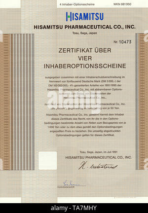 Historic Stock certificato, certificato di titoli al portatore, warrant, Wertpapier, Inhaber-Optionsschein, japanische Yen, Deutsche Mark, Pharmaunternehmen, Hisamitsu Pharmaceutical Co., Inc., 1991, Tosu, Saga, Giappone, Asien Foto Stock