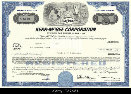 Storico certificato azionario, Kerr-McGee Corporation, oggi parte di Anadarko Petroleum, Petrolio e Gas, Delaware, USA, 1978, Wertpapier, historische Aktie, Kerr-McGee Corporation, heute ein Teil von Anadarko Petroleum, Erdöl und Erdgas, Bohrlizenz für das Macondo-Ölfeld, 1978, DELAWARE, STATI UNITI D'AMERICA Foto Stock