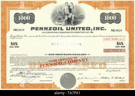 Storico certificato azionario, Goldman Sachs come proprietario, il petrolio e il gas company, energy company, Pennzoil Regno, Inc. Delaware, USA, 1972, Wertpapier, historische Aktie, guerra Eigentümer Goldman Sachs, Mineralöl- und Erdgasunternehmen, Energieunternehmen, Pennzoil uniti, Inc., 1972, DELAWARE, STATI UNITI D'AMERICA Foto Stock