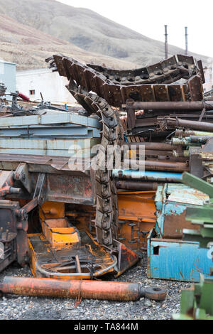 L'improvviso abbandonato il russo città mineraria Pyramiden. arrugginita Harbour, Isfjorden, Longyearbyen, Svalbard, Norvegia. Foto Stock