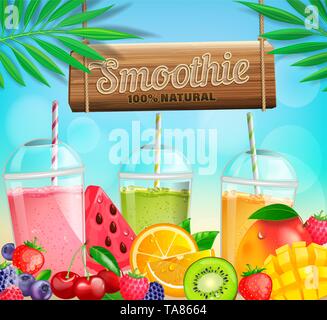Frutta fresca e bacche frullati banner. Illustrazione Vettoriale
