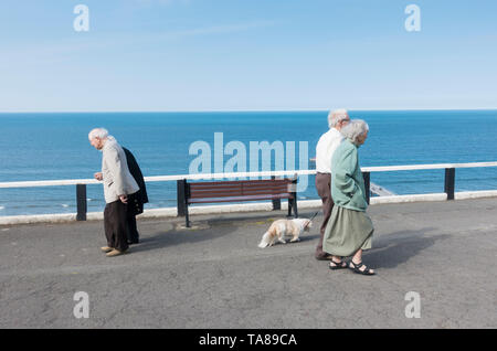 Coppie di anziani camminare lungo la passeggiata a mare che si affaccia sul mare. Regno Unito Foto Stock