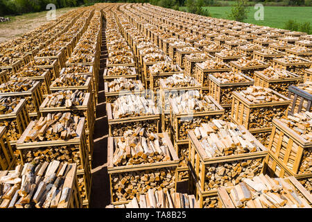 Righe di legna da ardere impilate su pallet pronto per il trasporto. Parte del paesaggio circostante visibile. Foto Stock