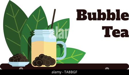 Bubble tea banner con foglie di tè. Vettore di etichette piatte Illustrazione Vettoriale