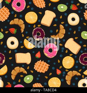 Vettore di Seamless pattern con kawaii colazione cose su sfondo nero, perfetto per avvolgere carta, sfondi, ecc. Illustrazione Vettoriale