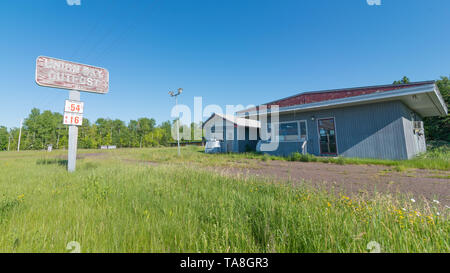 Carpa LAGO TOWNSHIP, Michigan / STATI UNITI D'America - 16 giugno 2016: abbandonati spegnere la stazione di gas / minimarket - natura crescente indietro - rurale Penisola Superiore Foto Stock