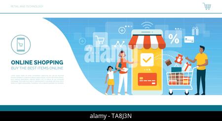 La famiglia felice di fare la spesa online con un mobile app sui loro smartphone, l'uomo è in possesso di un carrello della spesa con i prodotti e la donna è ma Illustrazione Vettoriale