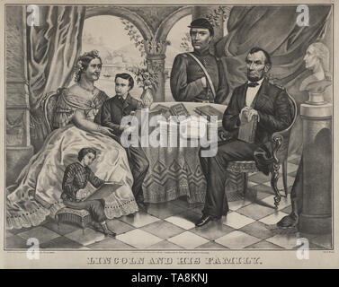 Lincoln e la sua famiglia, Ritratto di Abraham Lincoln con la moglie Mary Todd Lincoln (seduto a sinistra) e figli Willie (in piedi con Maria), Robert (centro permanente) e Thomas (seduto a sinistra), litografia da D. Weist da un disegno di annuncio. Biegmann, Pubblicato da William Smith, 1860's Foto Stock