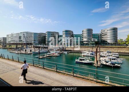 Il porto interno di Duisburg con ufficio edificio cinque barche e Boat Harbour, Duisburg, la zona della Ruhr, Nord Reno-Westfalia, Germania Foto Stock