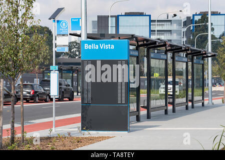 Maggio 2019 Syd Aust: Una delle nuove fermate di autobus collegato alla nuova metropolitana di Sydney Nord-ovest linea ferroviaria. Smette di avere orari elettronici e la sorveglianza. Foto Stock