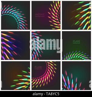 Futuristico set di effetti luminosi, collezione di lenti a colori, raggi solari, bokeh, luci notturne e gas energia elettrica concetto di base vettoriale Illustrazione Vettoriale