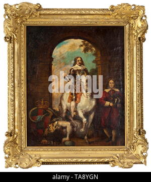 Un ritratto barocco di un uomo a cavallo del XIX secolo, nello stile del XVII secolo Olio su tela. Armour-placcati horseman nella posa di un generale, montato su un cavallo bianco al di sotto di un arco. Un lupo mannaro accovacciata a terra, un servo permanente per il diritto, tenendo il conducente nel casco. Sul retro uno stemma al di sotto di un principe della corona. In un gesso dorato telaio (danneggiato). Dimensione della pittura di 76 x 60 cm, dimensioni del telaio 97 x 84 cm. storica, storica, belle arti, arte, secolo XIX, artista del diritto d'autore non deve essere cancellata Foto Stock