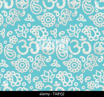 Modello senza cuciture con vernice argento foil ink OM Meditazione ornamento. Zen sfondo blu, disegnati a mano illustrazione. Illustrazione Vettoriale