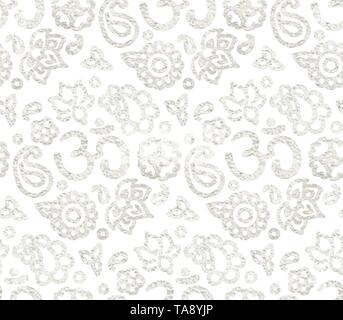 Modello senza cuciture con vernice argento foil ink OM Meditazione ornamento. Zen sfondo bianco, disegnati a mano illustrazione. Illustrazione Vettoriale