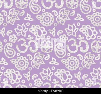 Modello senza cuciture con vernice argento foil ink OM Meditazione ornamento. Zen lilla lavanda, sfondo disegnato a mano illustrazione. Illustrazione Vettoriale