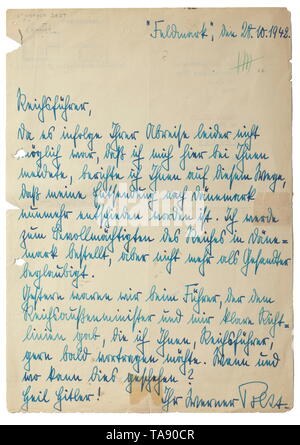 SS-Obergruppenführer Dr. Werner Best - una lettera al Reichsführer-SS Scritto il 28 ottobre 1942 a (tr). "Reichsführer, a causa della vostra partenza non è stato possibile per me di dirvi, così io vi notificherà in questo modo che il mio distacco in Danimarca è stato deciso. Mi sarà nominato come Reich plenipotenziario in Danimarca, ma non più accreditata come ambasciatore. Ieri siamo stati con il Führer, che diede il Reich, ministro degli affari esteri e me chiare istruzioni che voglio recitare a voi presto, Reichsführer. Dove e quando può avvenire questo? Heil Hitler il vostro Werner migliori". La upp, Editorial-Use-solo Foto Stock